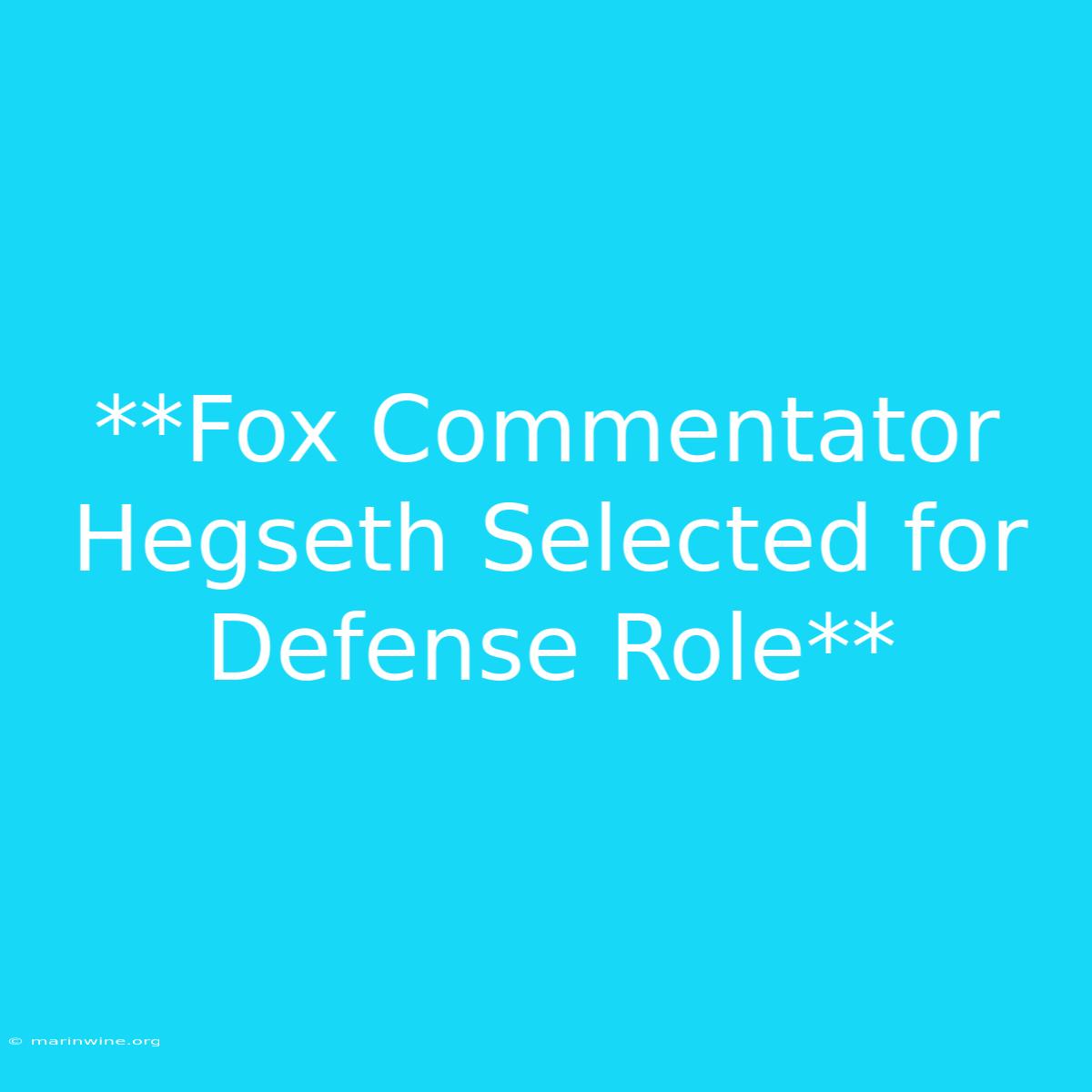 **Fox Commentator Hegseth Selected For Defense Role** 