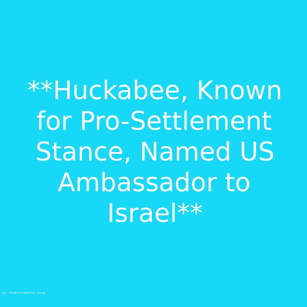 **Huckabee, Known For Pro-Settlement Stance, Named US Ambassador To Israel** 